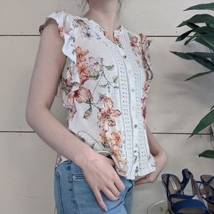 Anthropologie Maeve Floral Blouse with Lace Detail